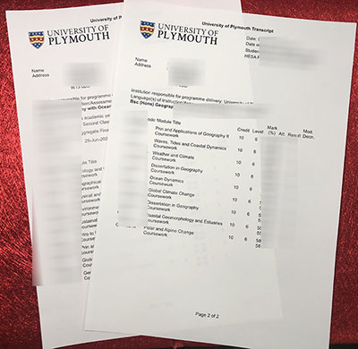 Fake University of Plymouth Transcript